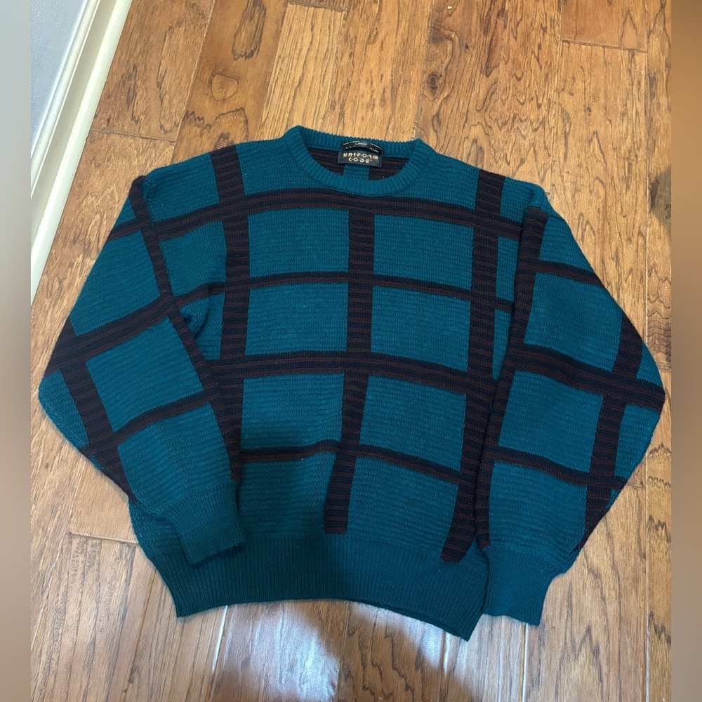 Vintage 90s Uniform Code Geometric Knit Sweater – Teal/Brown – Large